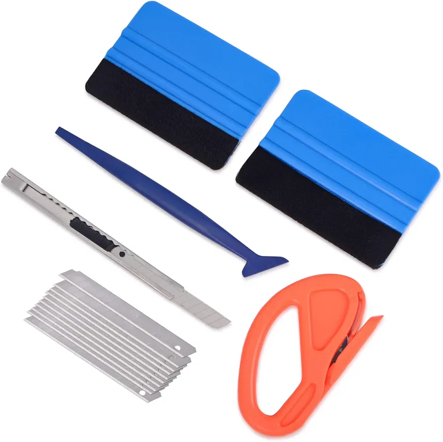 Gomake Vehicle Vinyl Wrap Tool Kit Window Tinting Tool Include 4 Inch Felt Squeegee, Retractable 9mm Utility Knife and Blades, Zippy Vinyl Cutter and Mini Go Corner Squeegee for Car Wrapping