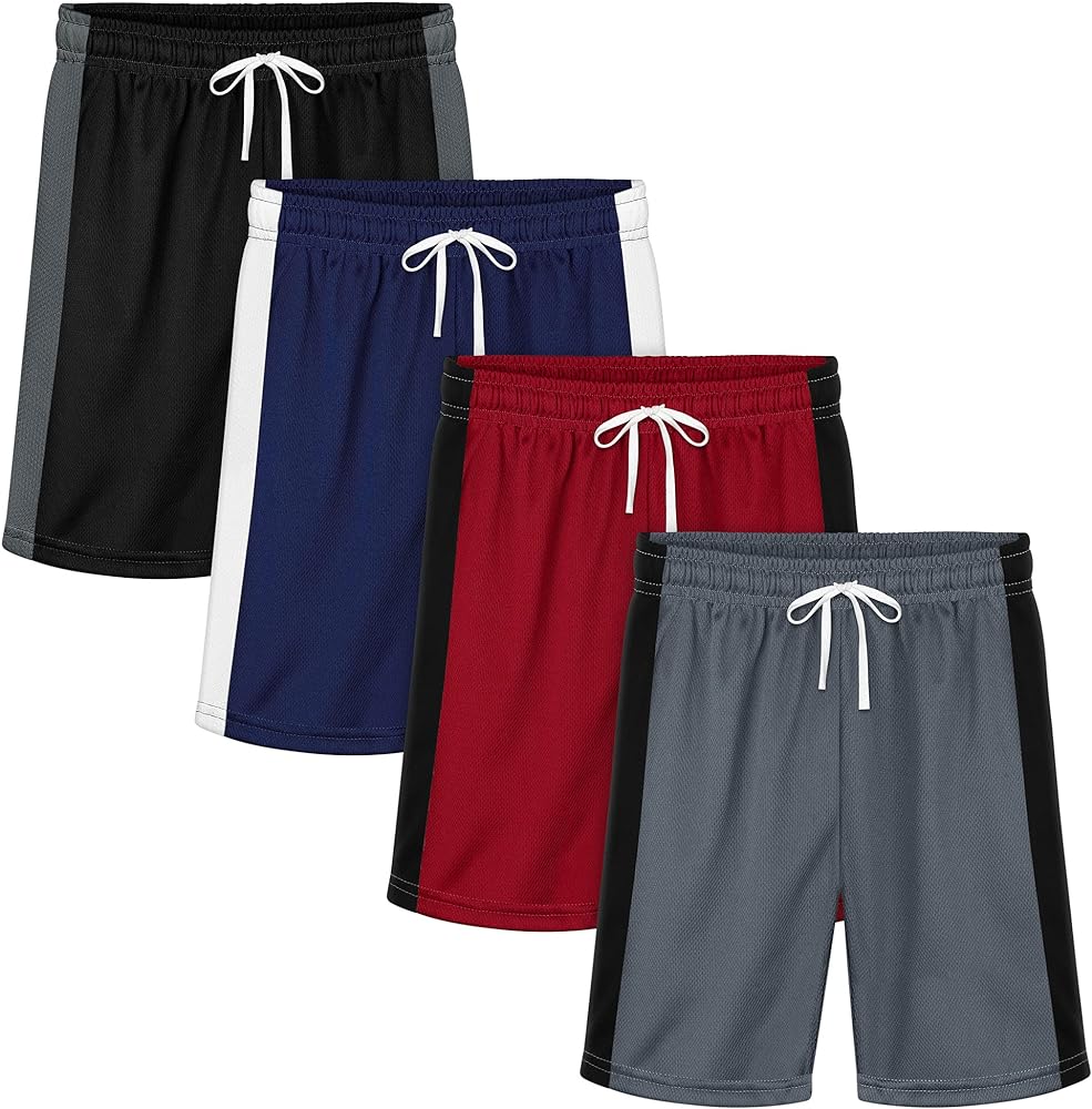 Resinta 4 Pack Youth Boys' Athletic Running Shorts Quick-Dry Sports Shorts Kids Soccer Shorts Active Mesh Shorts for Gym