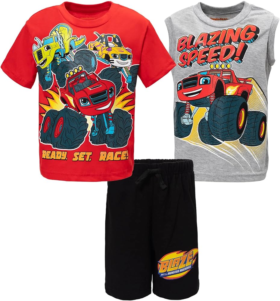 Blaze and the Monster Machines Stripes Zeg T-Shirt Tank Top & Bike Shorts French Terry 3 Pcs Set Toddler to Big Kid