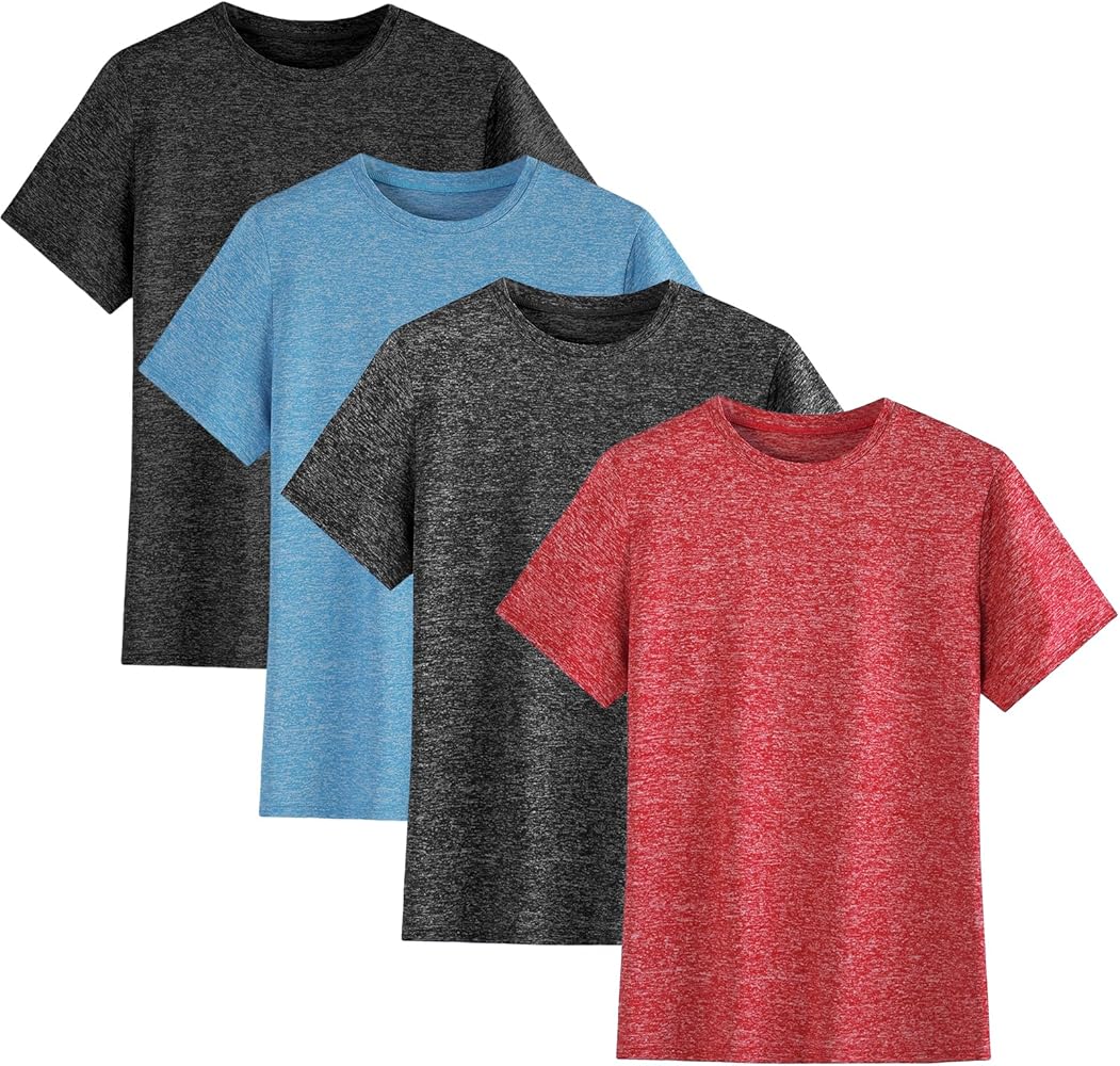 4 Pack Youth Boys T Shirts Dry-Fit Short Sleeve Moisture Wicking Tee Shirts Athletic Tops (Age 5-18Y)