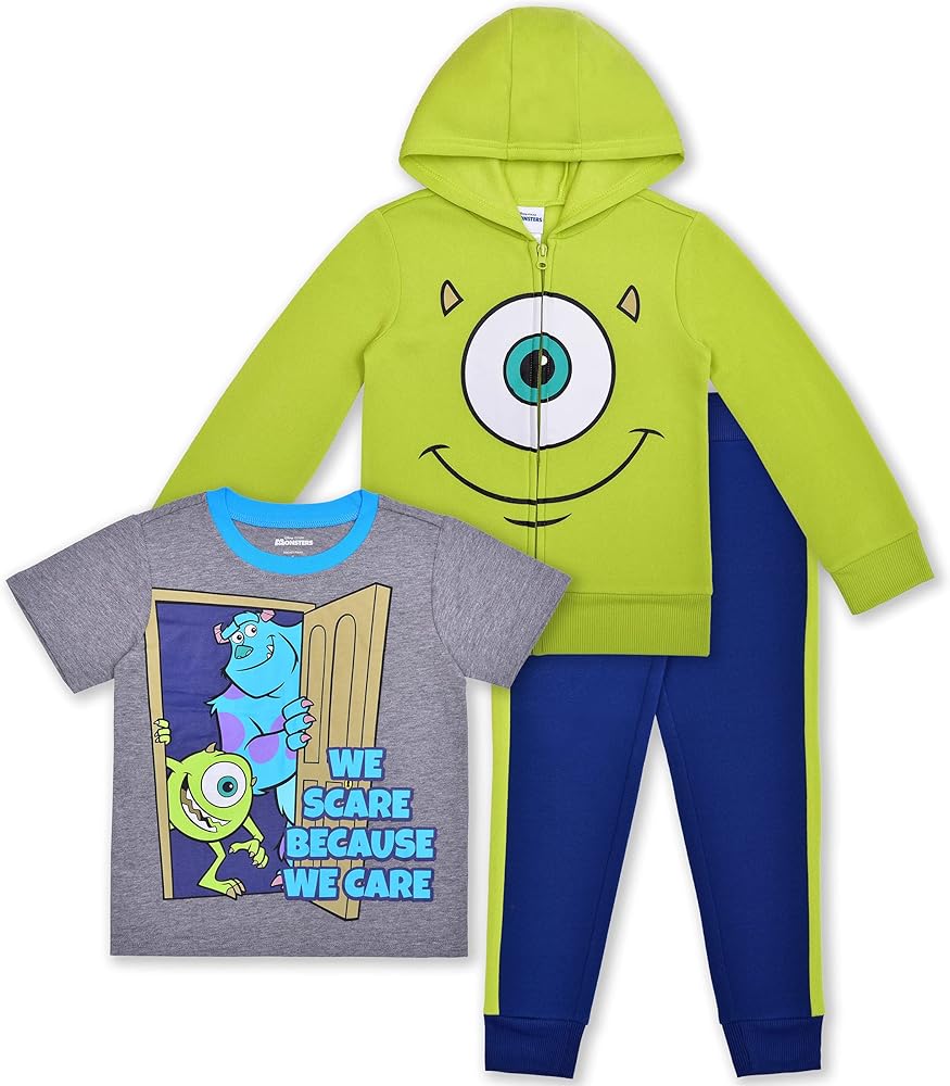 Disney Monsters Inc Boys Mike and Sully T-Shirt, Zip Up Hoodie and Pants Set for Toddler and Little Kids