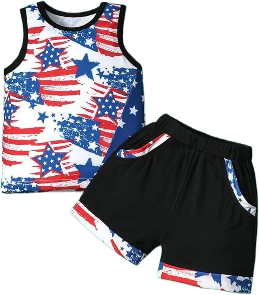 Toddler Boys 4th of July Outfits American Flag Tank Tops Patriotic Shirts Tees Star Shorts 2Pcs Clothes Set