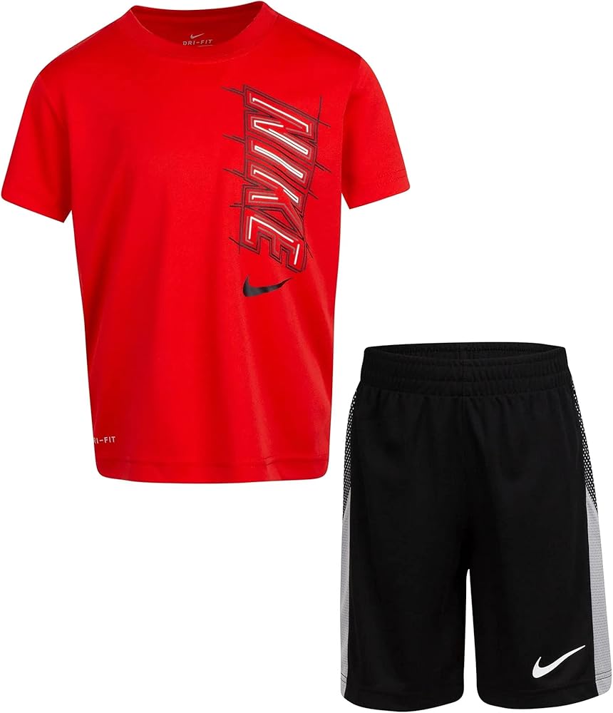 Nike Little Boys Dri-FIT Graphic Tee & Shorts 2 Piece Set (Red(76H367-023)/Black, 2T, 2_Years)