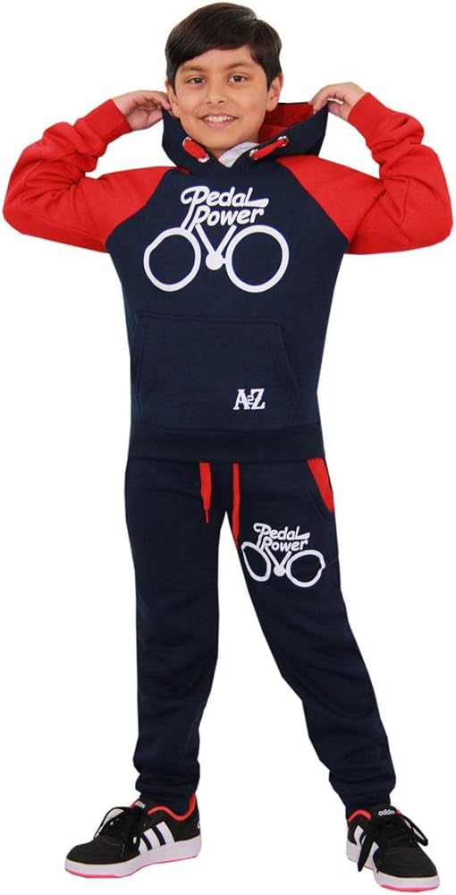 A2Z 4 Kids Boys Girls Pedal Power Print Navy & Red Tracksuit Hoodie With Bottom Joggers Sweatpants Activewear Set Childrens