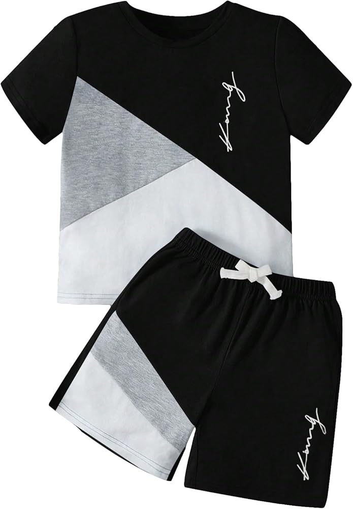 Verdusa Boy's 2 Piece Outfits Color Block Short Sleeve Tee Top and Short Sets