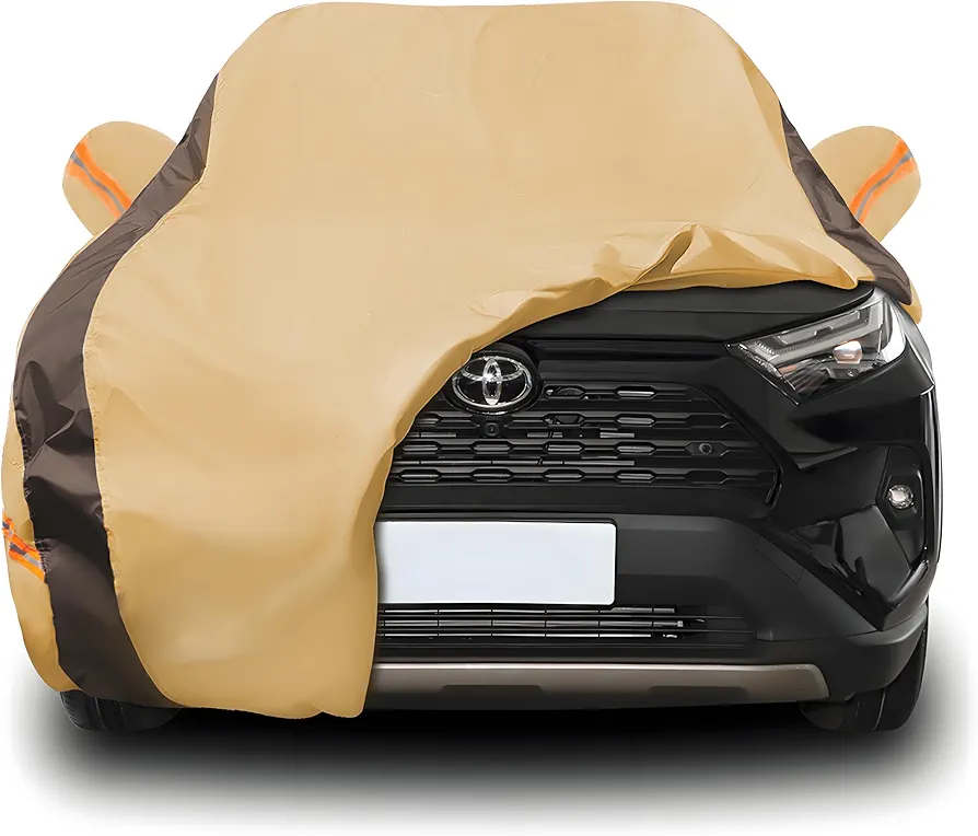 RAV4 Car Cover Waterproof All Weather Compatible with Toyota RAV4(2006-2024), Outdoor Anti-UV Sun Rain Protection Full Exterior Cover (Camel with Brown)