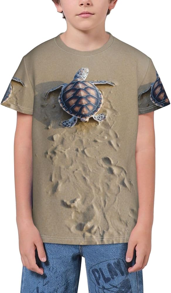 Sea Turtle Sand Beach Teen Boys Short Sleeve Crew Neck T-Shirt Casual Tee Tops for Youth Kids