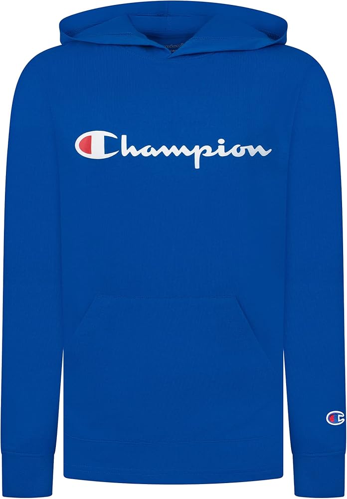 Champion Boys Long Sleeve Classic Hooded Tee Shirt Kids Clothes (Large, Bozetto Blue Script)