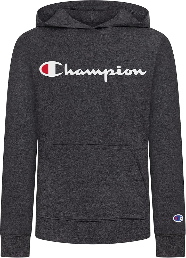 Champion Boys Long Sleeve Classic Hooded Tee Shirt Kids Clothes (Small, Granite Heather Script)