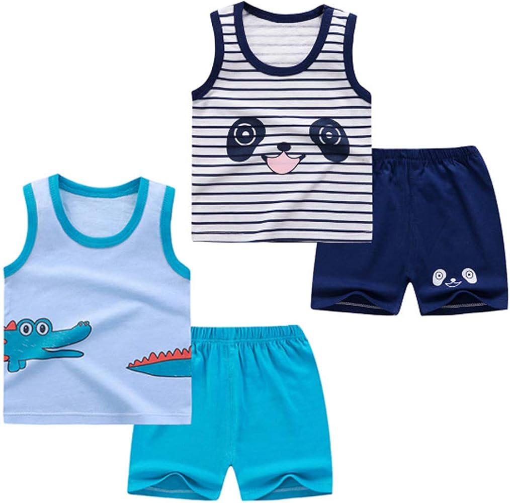 Toddler Boys 4 PCS Tank Top and Shorts Set Cotton Sleeveless Shirts and Shorts Summer Outfits