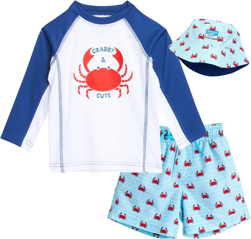 Boys' Rash Guard Set - 3 Piece UPF 50+ Rash Guard Swim Shirt, Trunks and Bucket Hat - Swimwear for Boys, 2T-7