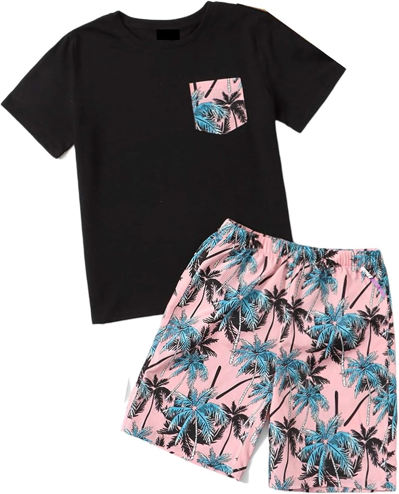 Floerns Boy's 2 Piece Outfit Summer Tropical Short Sleeve Tee Shirt and Shorts Set