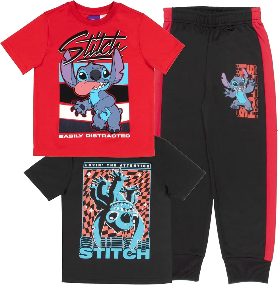 Disney Lilo and Stitch Boys 3-Piece Pants Set, Two Short Sleeve T-Shirts & Jogger Pants 3-Pack Bundle Set