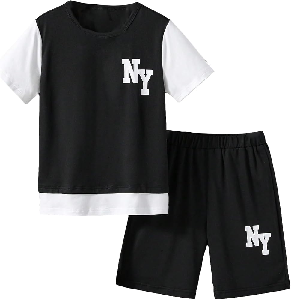 COZYEASE Boys' 2 Piece Outfits Casual Letter Graphic Colorblock Crewneck Tee and Track Shorts Set