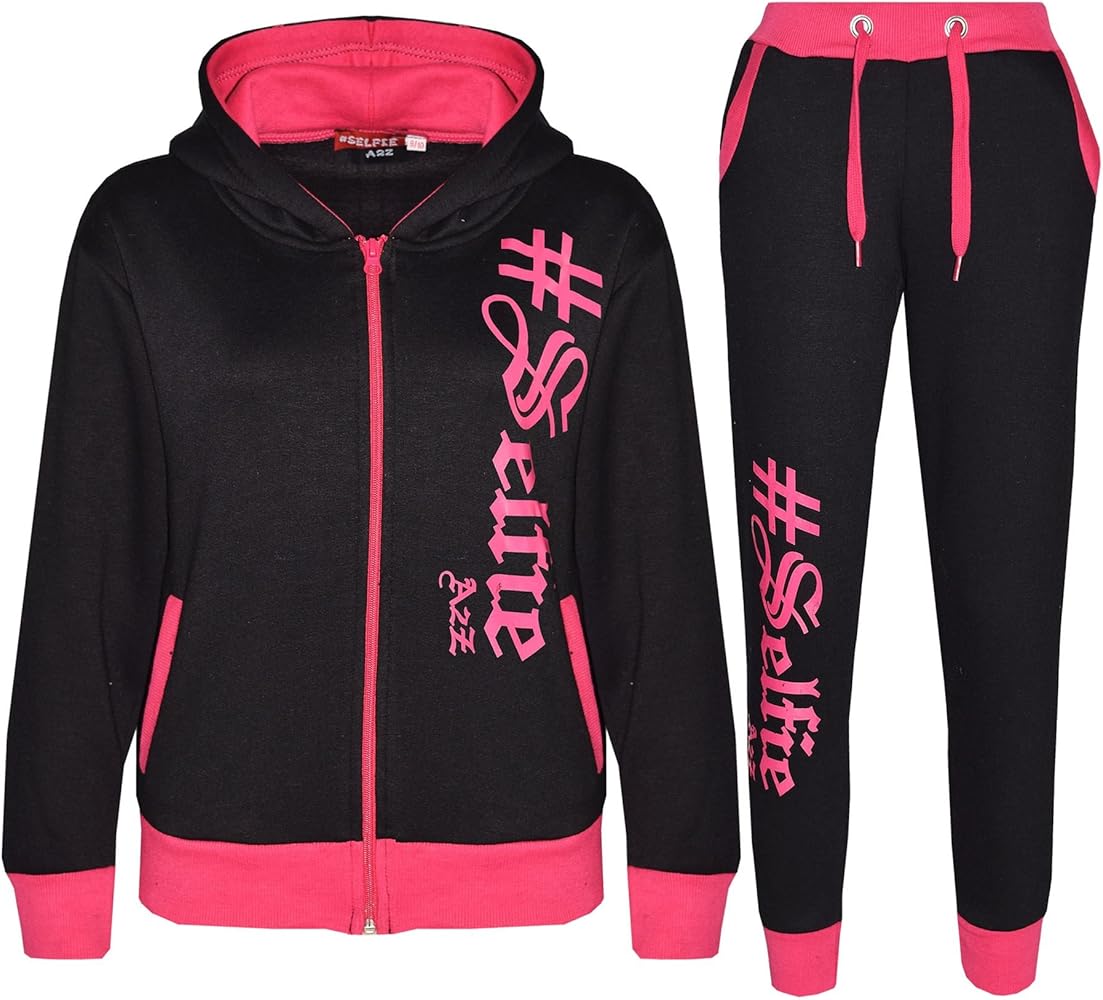 A2Z 4 Kids #SELFIE Baby Pink Tracksuit Hoodie with Jogger Sweatpants Sports Casual Fashion Activewear Set Girls Boys Age 5-13