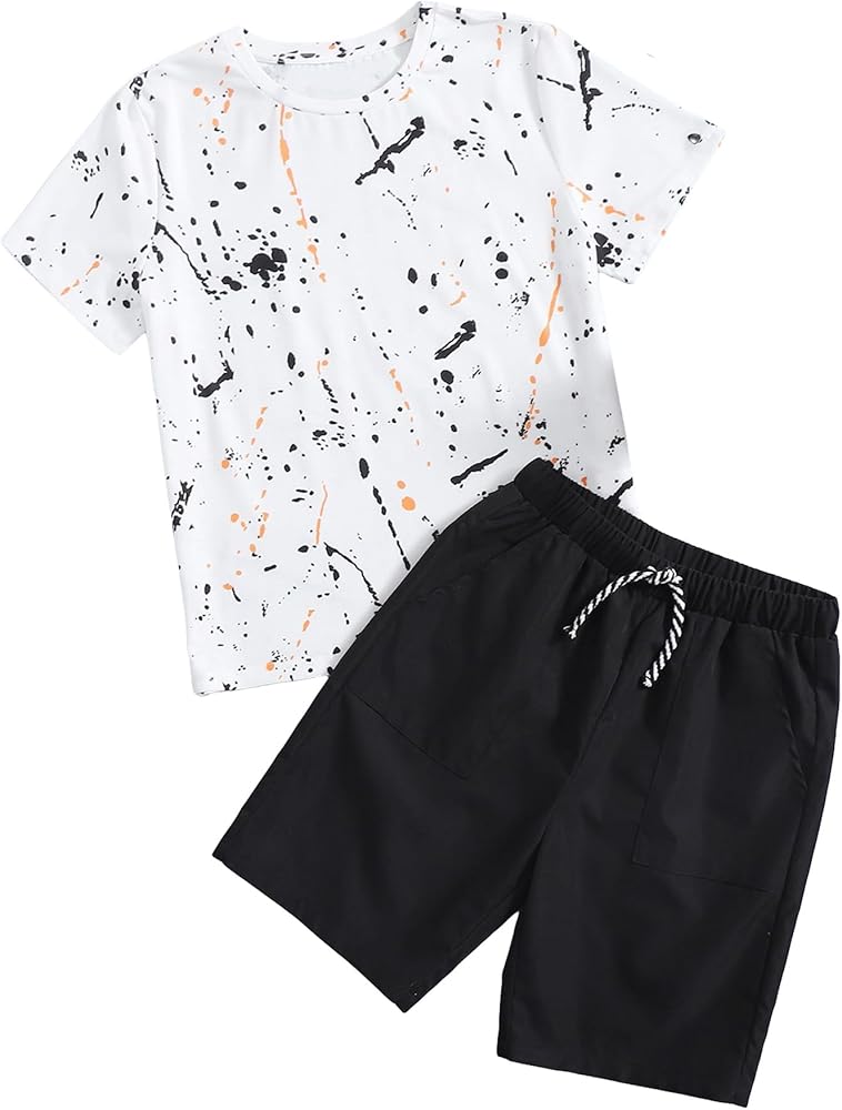 OYOANGLE Boy's 2 Piece Printed Short Sleeve Top and Drawstring Waist Shorts Set Summer Casual Outfits