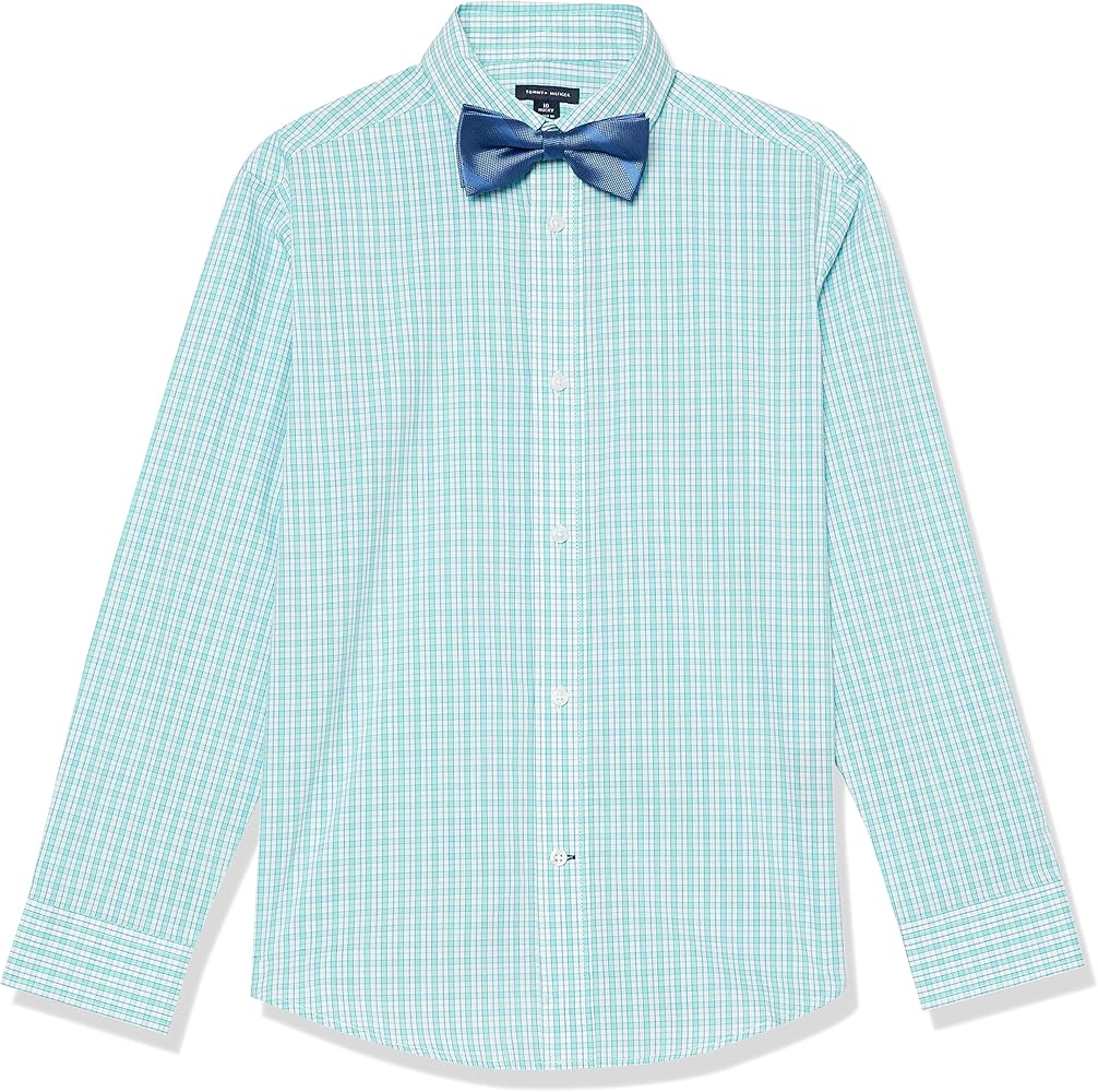 Tommy Hilfiger Boy's Long Sleeve Dress Shirt With Bow Tie, Collared Button-down With Cuff Sleeves