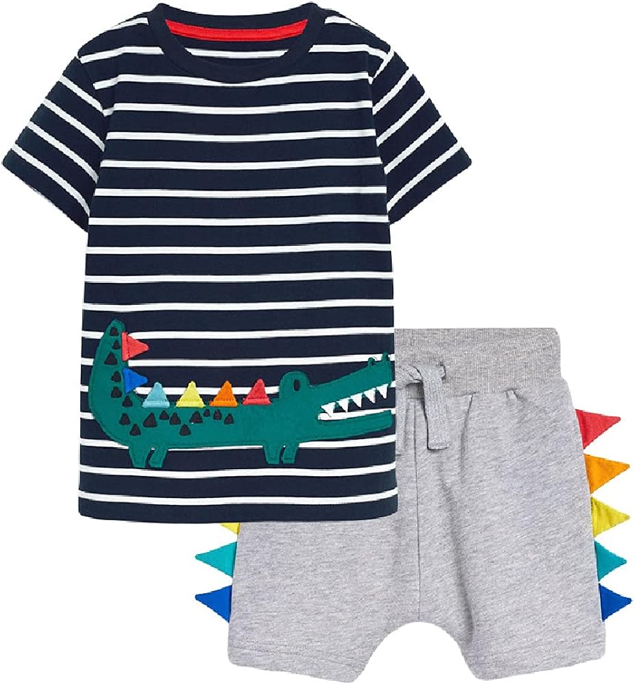 Quenny Summer New Children's Suits,Boys' Striped Cartoon Crocodile Printed Short Sleeve Two Pieces.