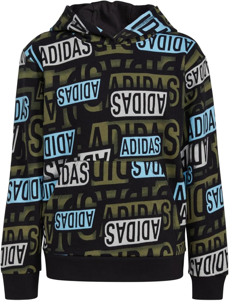 adidas boys Active Sport Athletic Pullover Hooded Sweatshirt, Black with Aqua Brand, Small