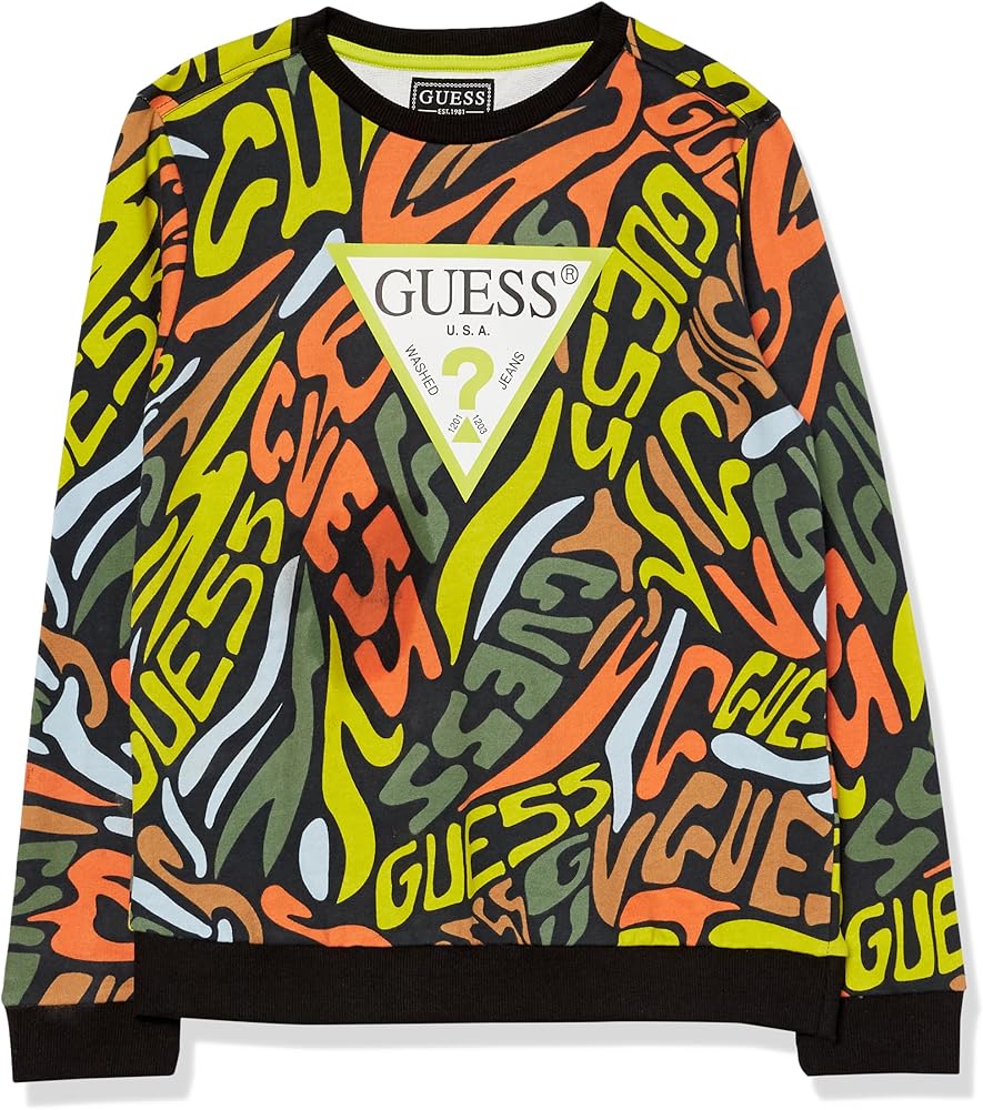 GUESS Boys' French Terry All Over Print Triangle Logo Crewneck