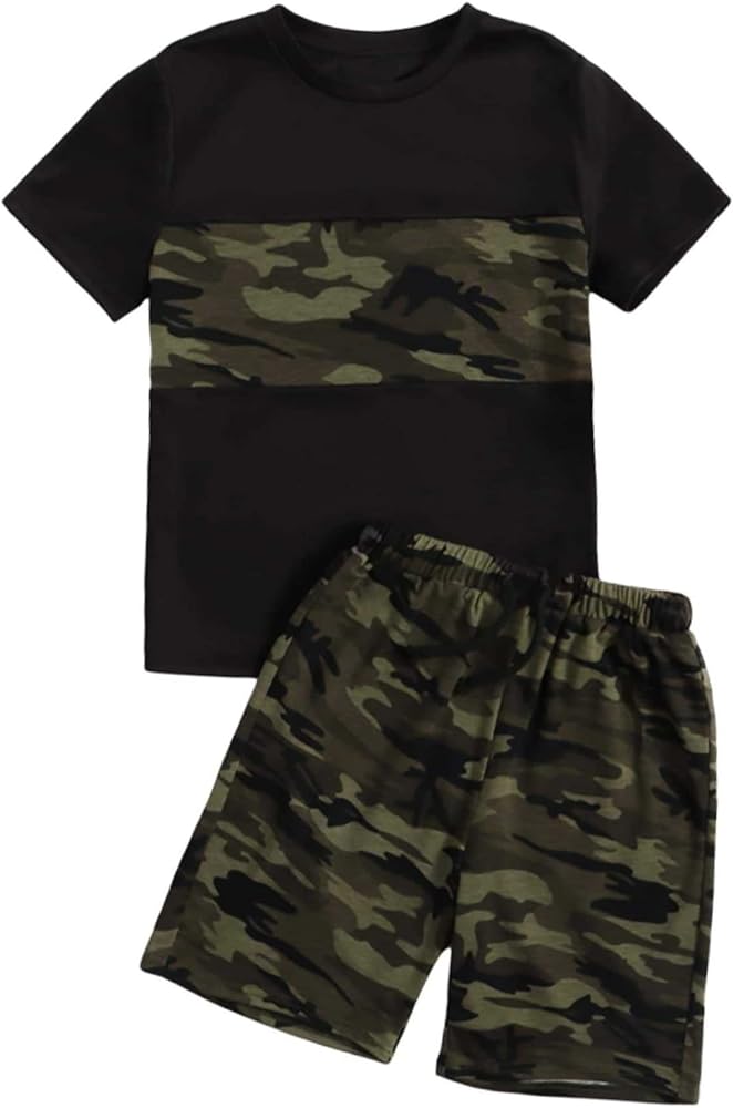 SHENHE Boy's 2 Piece Outfits Color Block Camo Print Short Sleeve T Shirt and Shorts Set