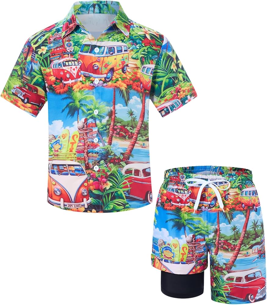 Ahegao Boys Hawaiian Outfit Short Sleeve Button Down Shirts and Shorts Set 2 Pcs