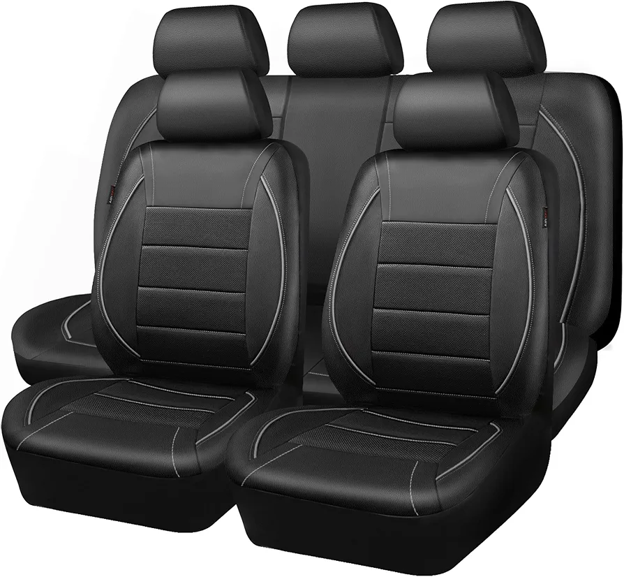 CAR PASS Universal Reflect Piping Leather Car Seat Cover, Fit for suvs,Van,Trucks,Airbag Compatible,Inside Zipper Design and Reserved Opening Holes (Full Set, Black and Grey)