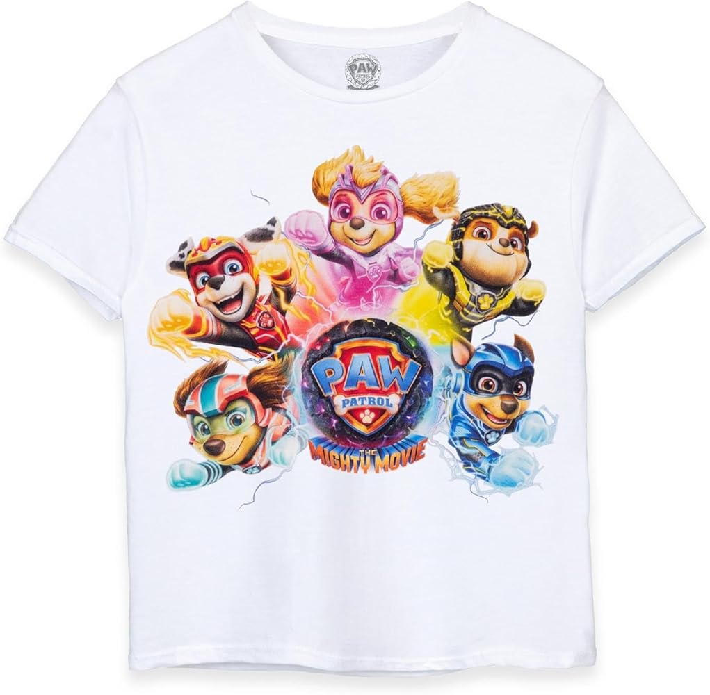 Paw Patrol The Mighty Movie Boys T-Shirt | White Short Sleeve Kids Mighty Pups Tee | Superhero Movie for Children