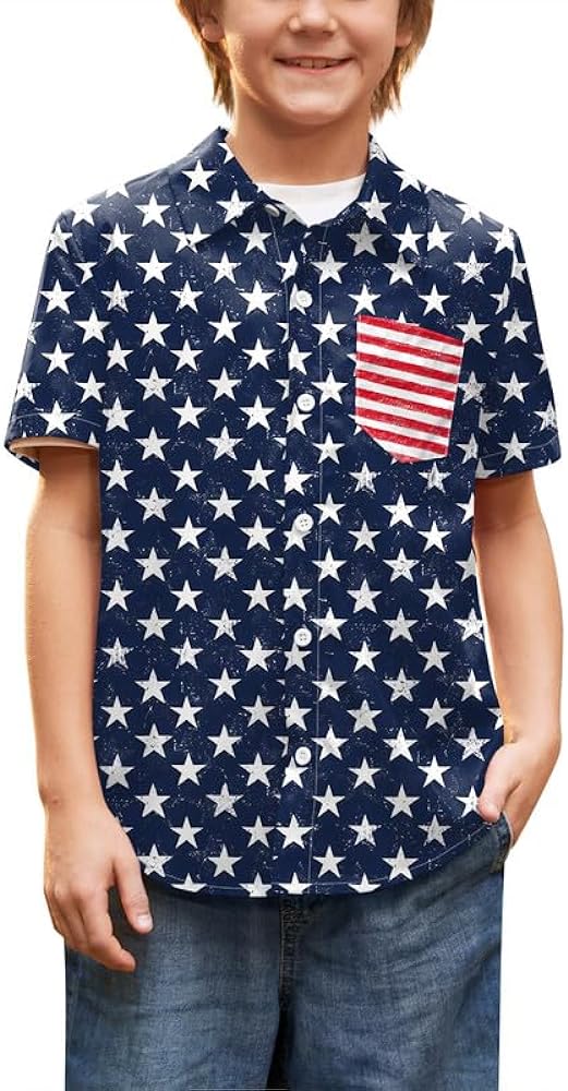 BesserBay Boys 4th of July Short Sleeve Shirt Button Down USA Flag Hawaiian Top