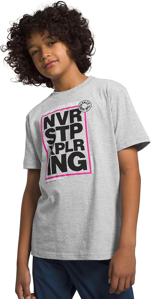 THE NORTH FACE Boys' Short Sleeve Graphic Tee, TNF Light Grey Heather/Mr. Pink, Medium