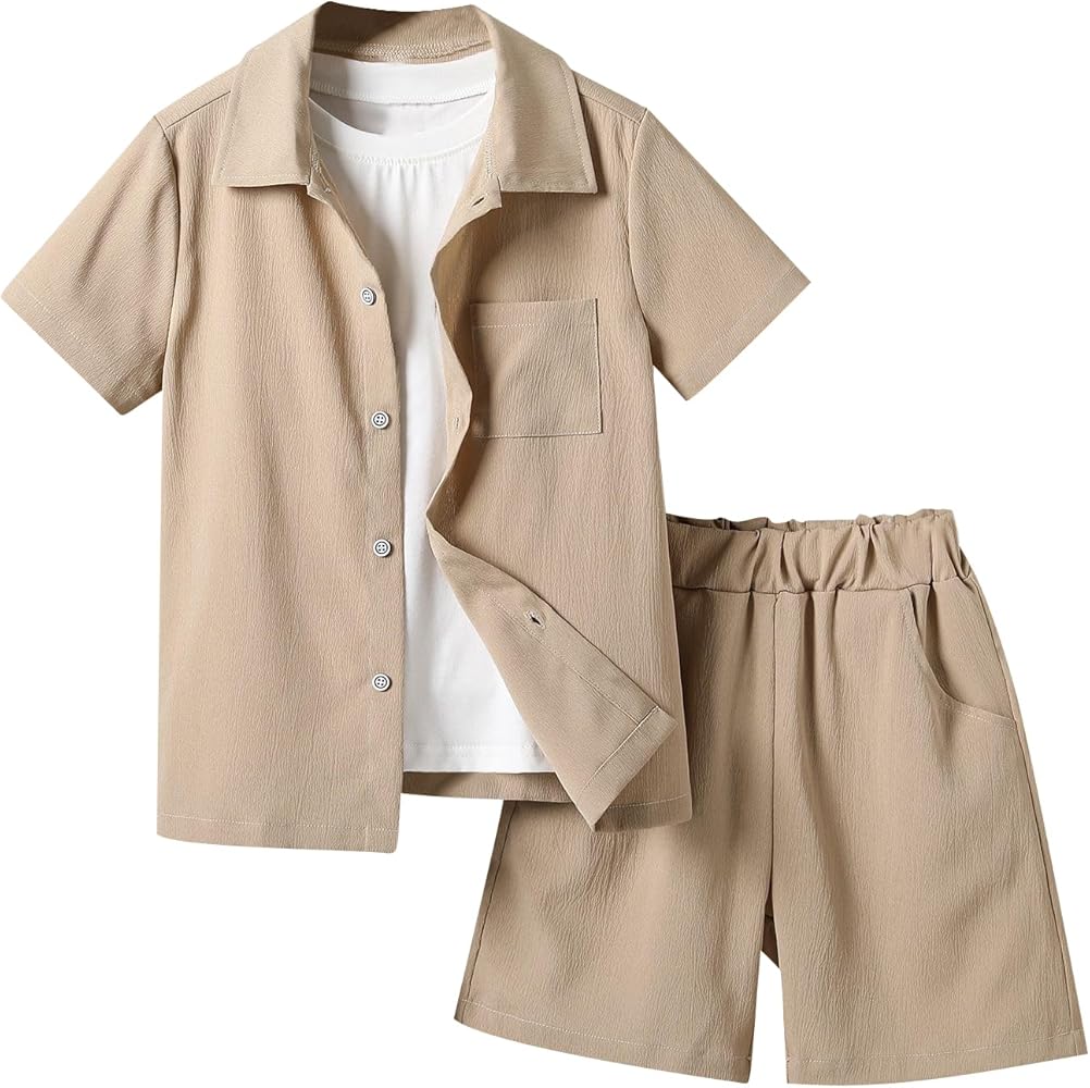 Verdusa Boy's 2 Piece Outfit Linen Set Vacation Short Sets Button Down Shirt and Elastic Waist Shorts Casual Clothes