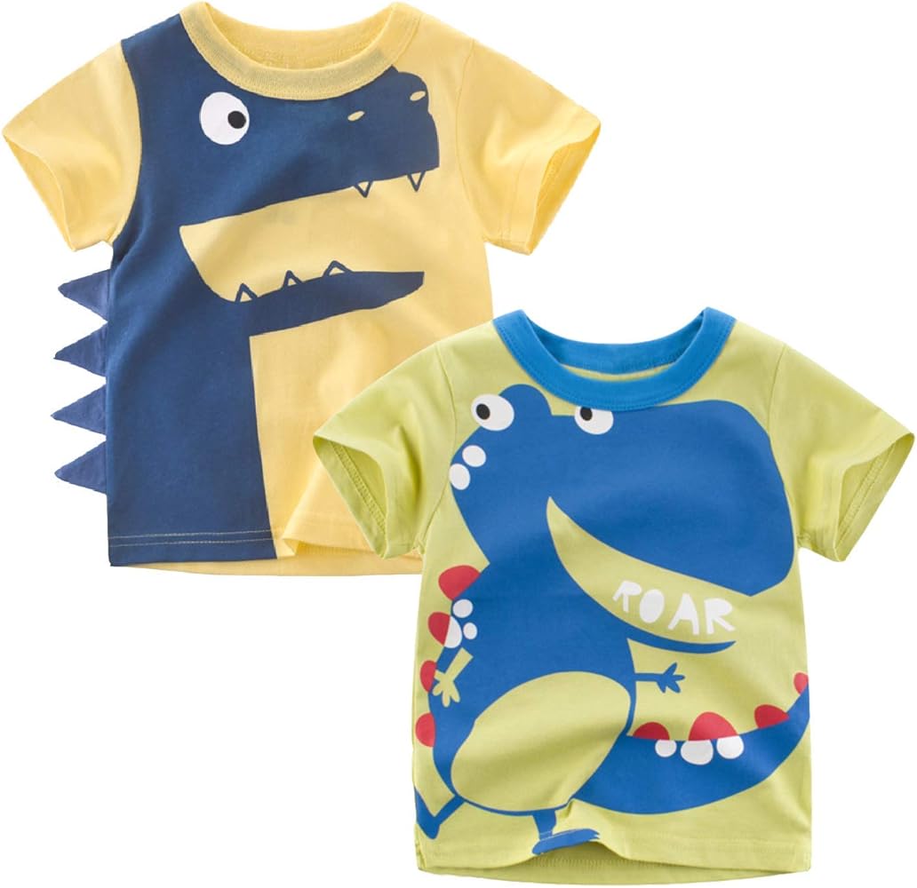 Toddler Little Boys T Shirts 2 Pack Short Sleeve Crewneck Top Tee Dinosaur Car Shark Shirts for 2-7 Years