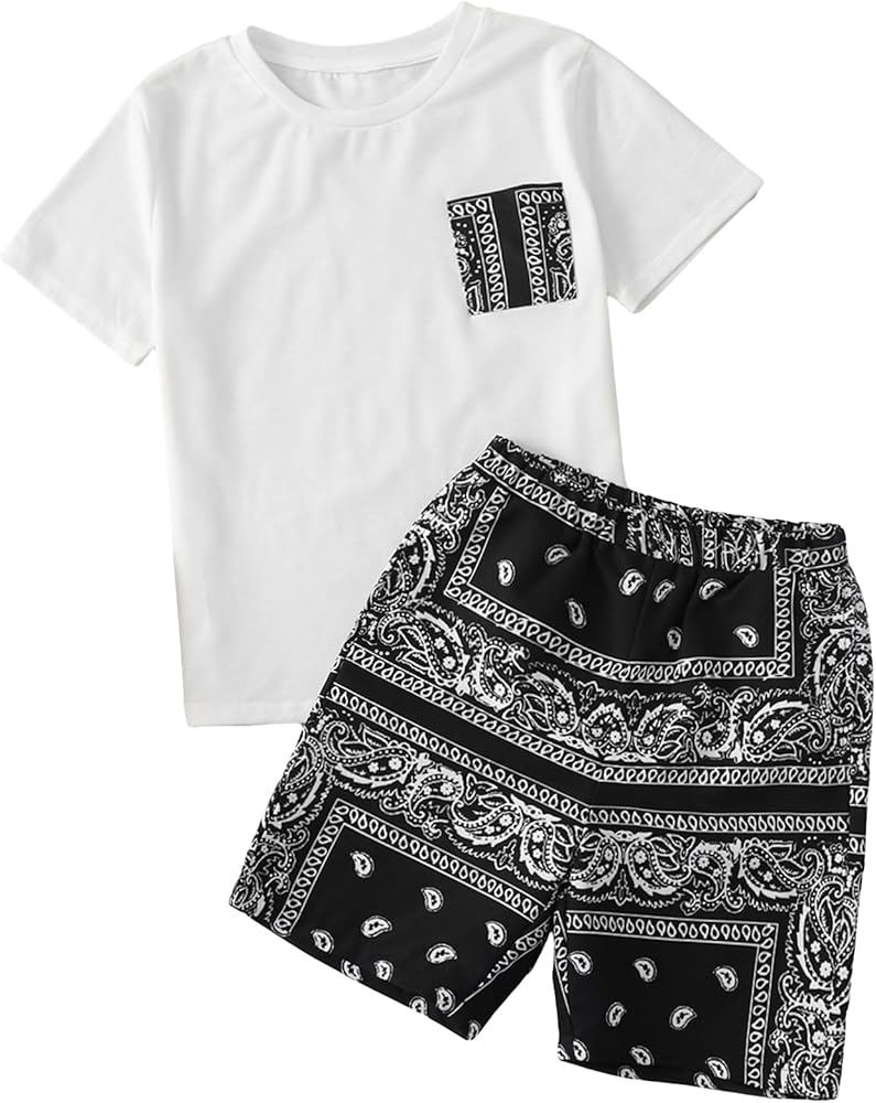 COZYEASE Boy's 2 Piece Outfits Paisley Print Short Sleeve T Shirts and Short Set Bobo Summer Outfits