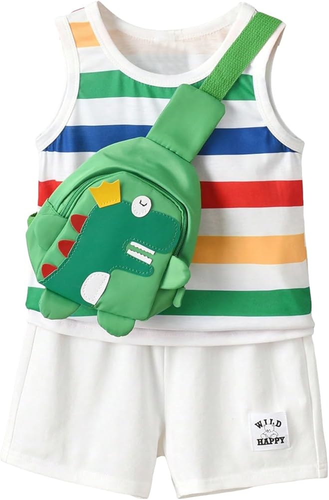 Verdusa Boy's 3 Piece Outfits Striped Round Neck Tank Top and Shorts Sets