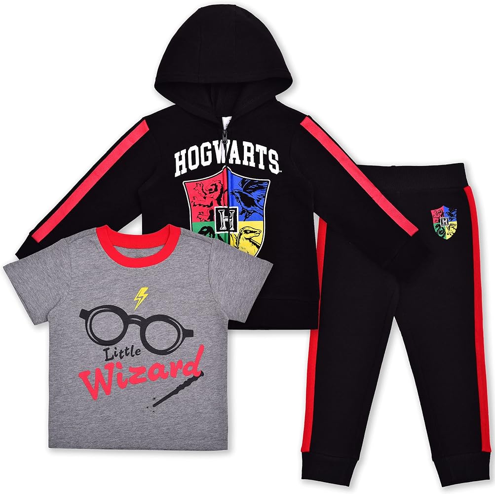 Warner Bros. Harry Potter Zip Up Hoodie, T-Shirt and Jogger Sweatpants Set for Toddler Boy and Little Boys – Black/Grey/Red