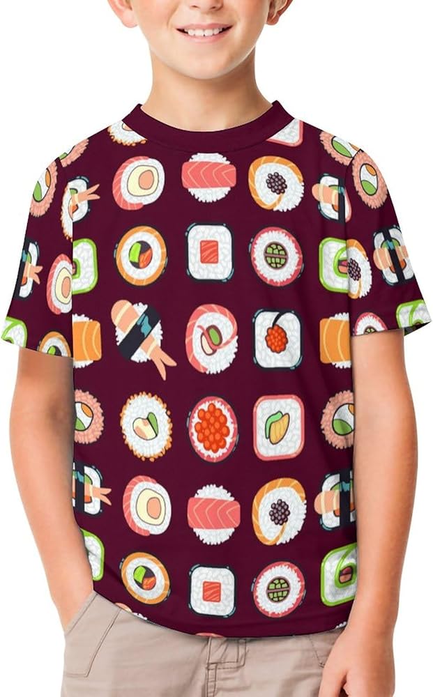 Japanese Food Sushi Pattern Funny Short Sleeve T-Shirt Tops Crew Neck Shirts Printed Summer Tees for Boys Girls