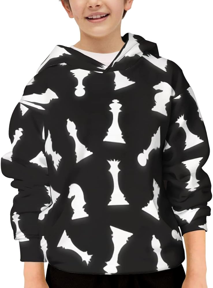 Unisex Youth Hooded Sweatshirt Chess Pieces Black Pattern Cute Kids Hoodies Pullover for Teens