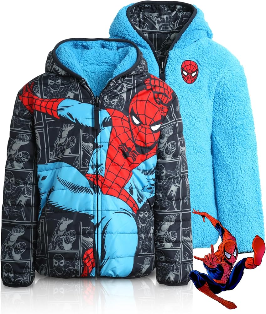 Marvel Boys’ Avengers Spider-Man Reversible Jacket – Spidey Quilted Puffer Coat with Sherpa Fleece Lining (2T-20)