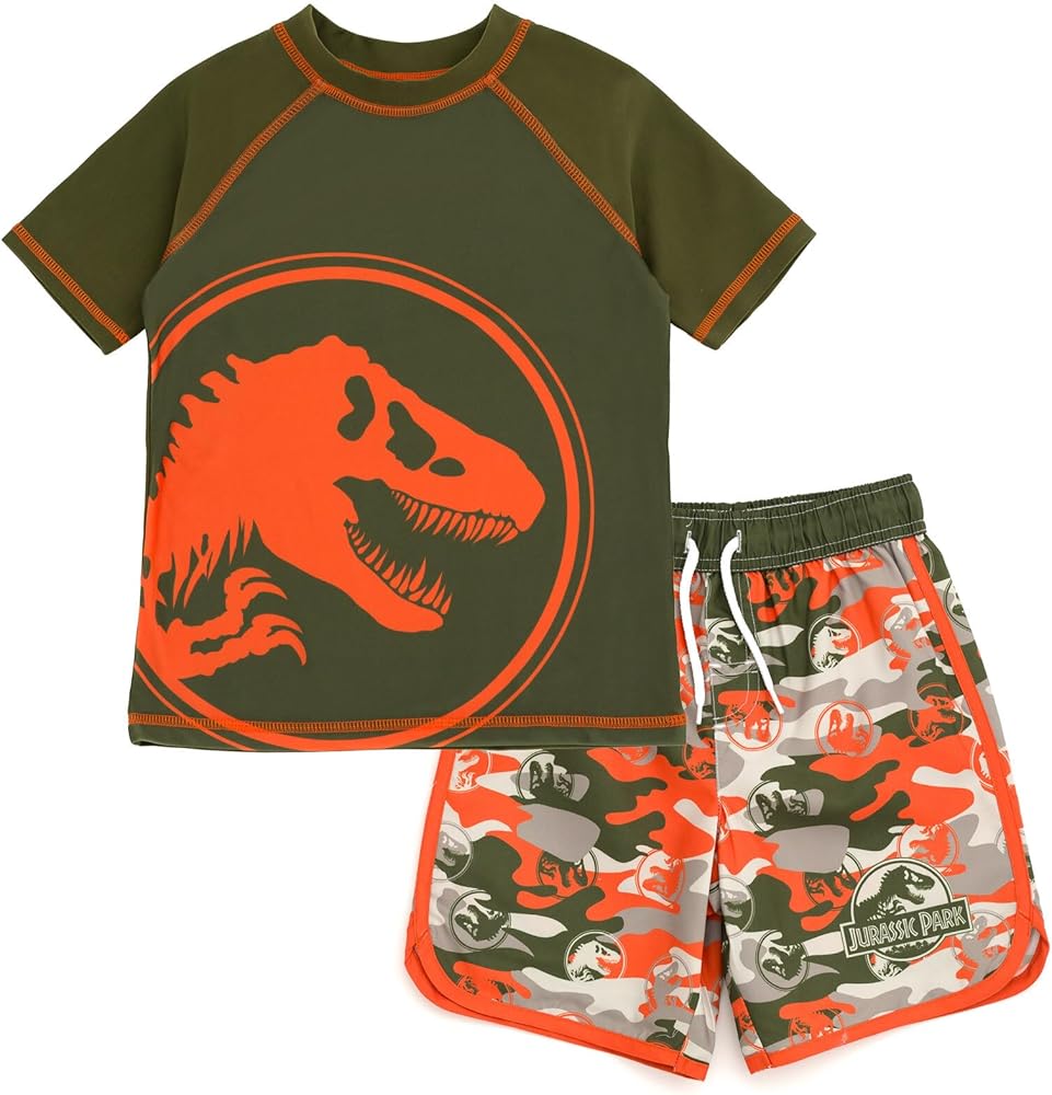 Jurassic Park UPF 50+ Rash Guard Swim Trunks Outfit Set Toddler Sizes (2T - 4T)