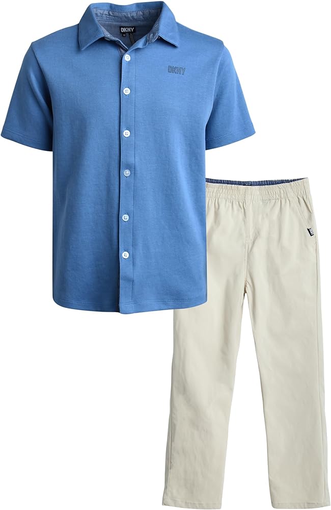 DKNY Boys' Pants Set - 2 Piece Short Sleeve Button Down Polo Shirt and Tech Pants - Complete Outfit Set for Boys (8-12)