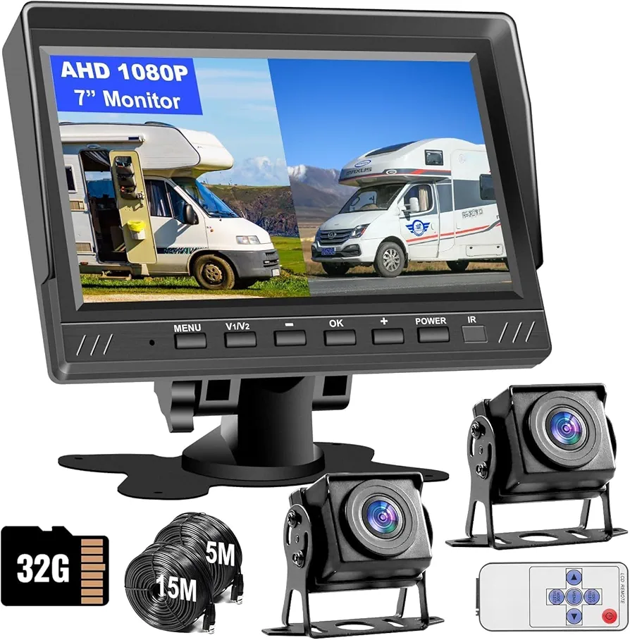 AHD Wired Backup Camera Monitor Kit, 7" HD 2 Channels Split Screen Monitor with 32G Recording, Front & Rear View Camera IP69 Waterproof Reversing Camera Parking Line for Truck Trailer Semi-Trailer Box