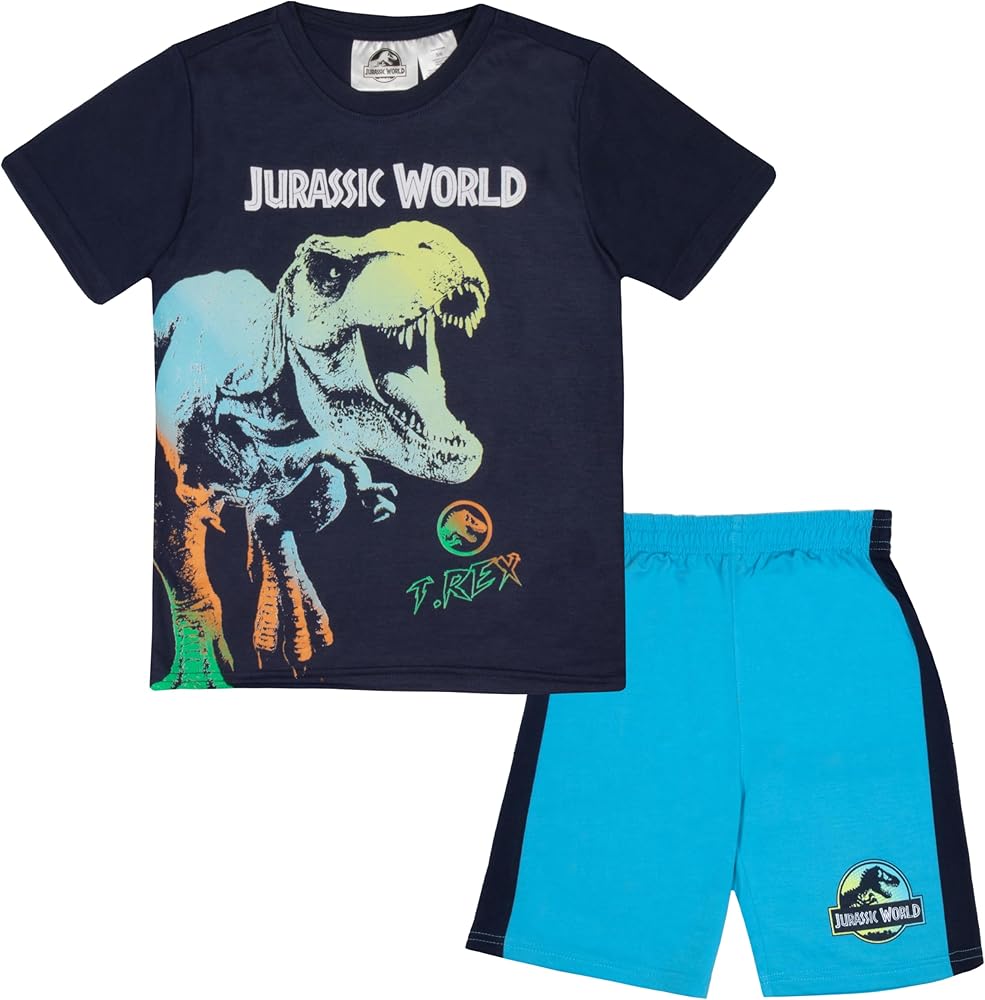 Jurassic World Boys Short Sleeve T-Shirt & Shorts, 2-Piece Dinosaur Outfit Set for Kids and Toddlers