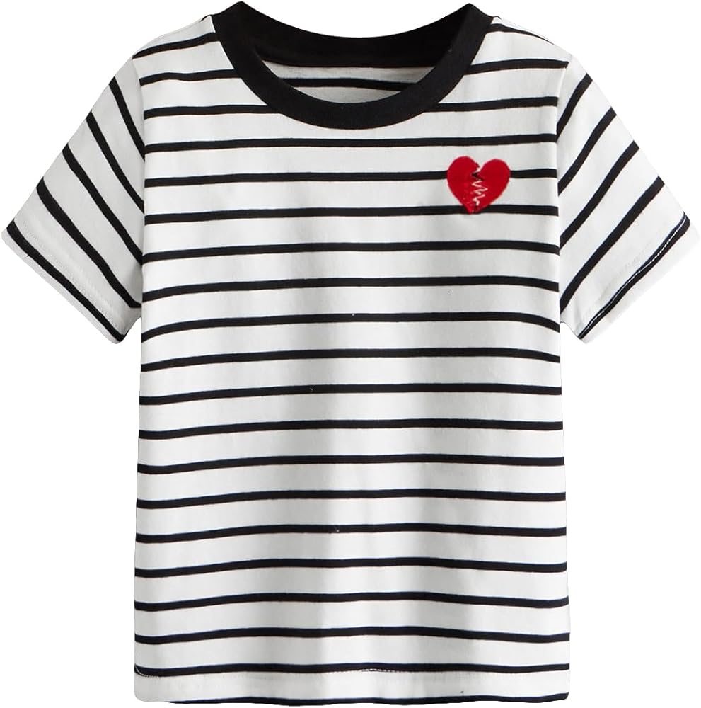 Boy's Heart Embroidery Striped Tee Casual Short Sleeve Crewneck T Shirt Trendy Summer Tee Tops