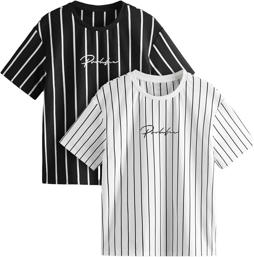 Verdusa Boy's 2 Pack Short Sleeve Striped Tee Top Round Neck Summer T Shirts