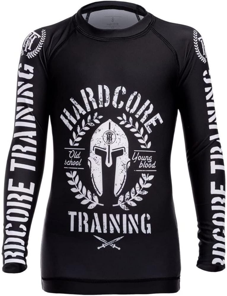 Hardcore Training Kids Rash Guard Helmet Black Compression Base Layer Tights No Gi BJJ Fitness Workout Running Boxing