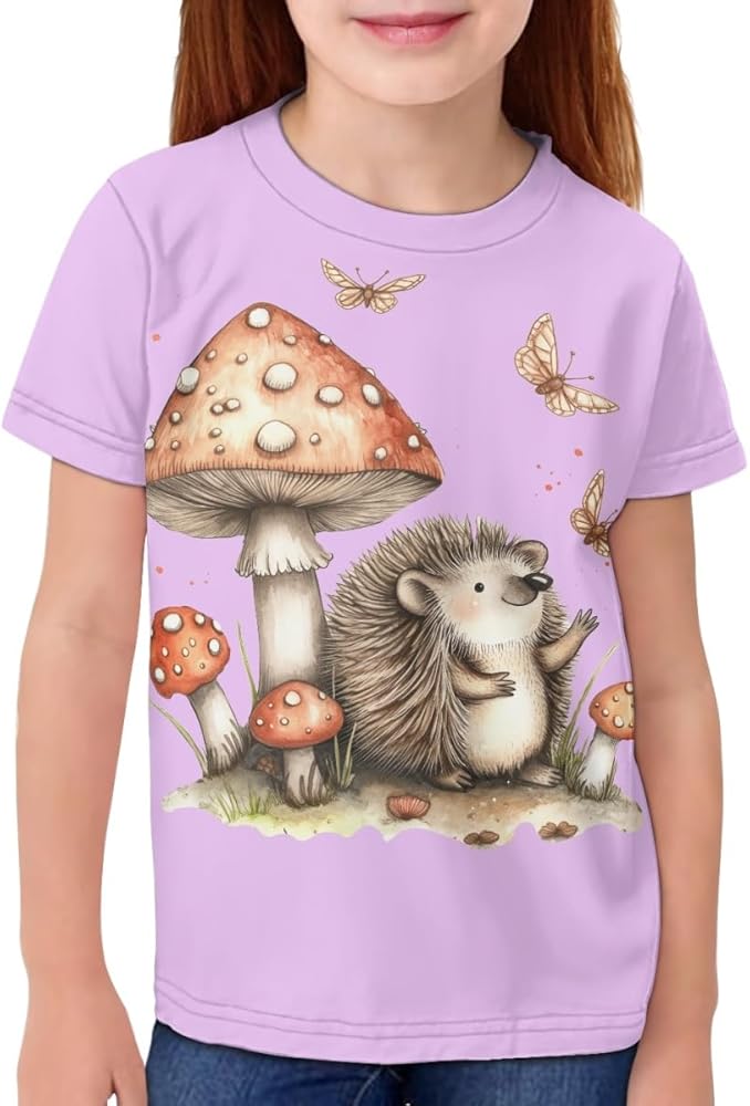 GLUDEAR Kids Tops Tees Girl Boy Novelty 3D Graphic O-Neck Short Sleeve Casual Pullover Blouse T-Shirt,Hedgehog Mushroom,5-6