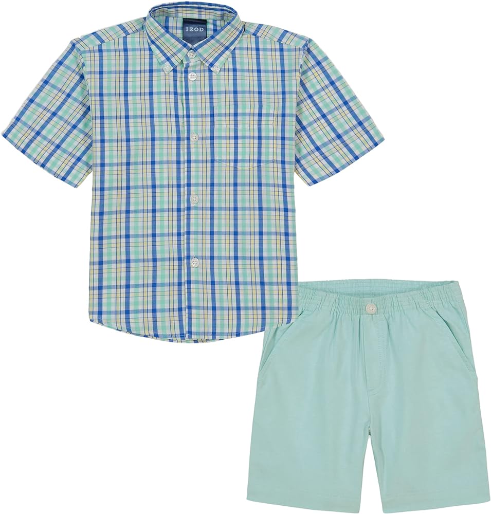 IZOD boys 2-piece Short Set, Short Sleeve Collared Button-down Shirt, and Twill ShortsShorts Set