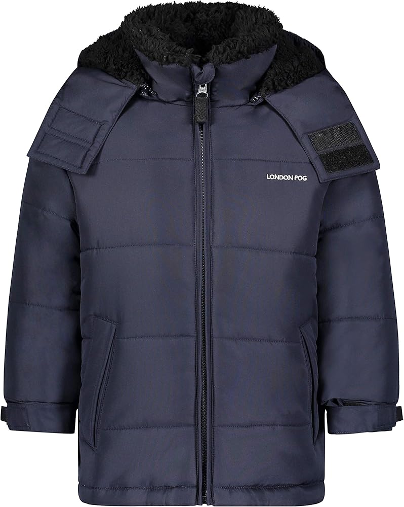 London Fog Boys' Active Puffer Winter Coat, Solid Navy, 5/6