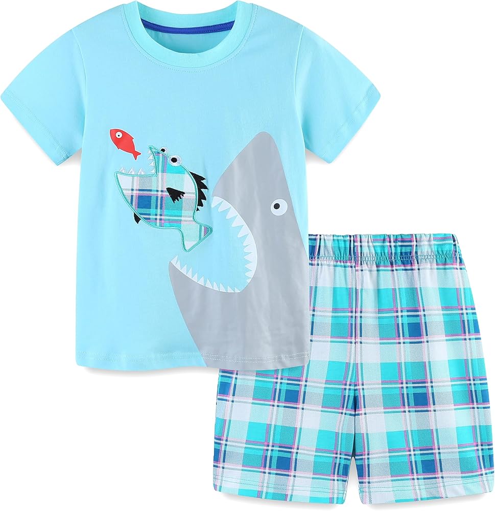 HILEELANG Toddler Boy Summer Short Clothes Sets Cotton Crewneck Tees Shorts Beach Playwear Outfits