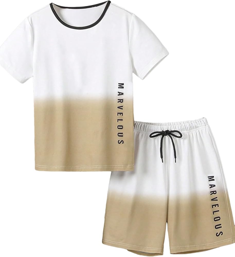 Floerns Boy's 2 Piece Outfits Letter Print Short Sleeve Tee & Drawstring Waist Track Shorts Set